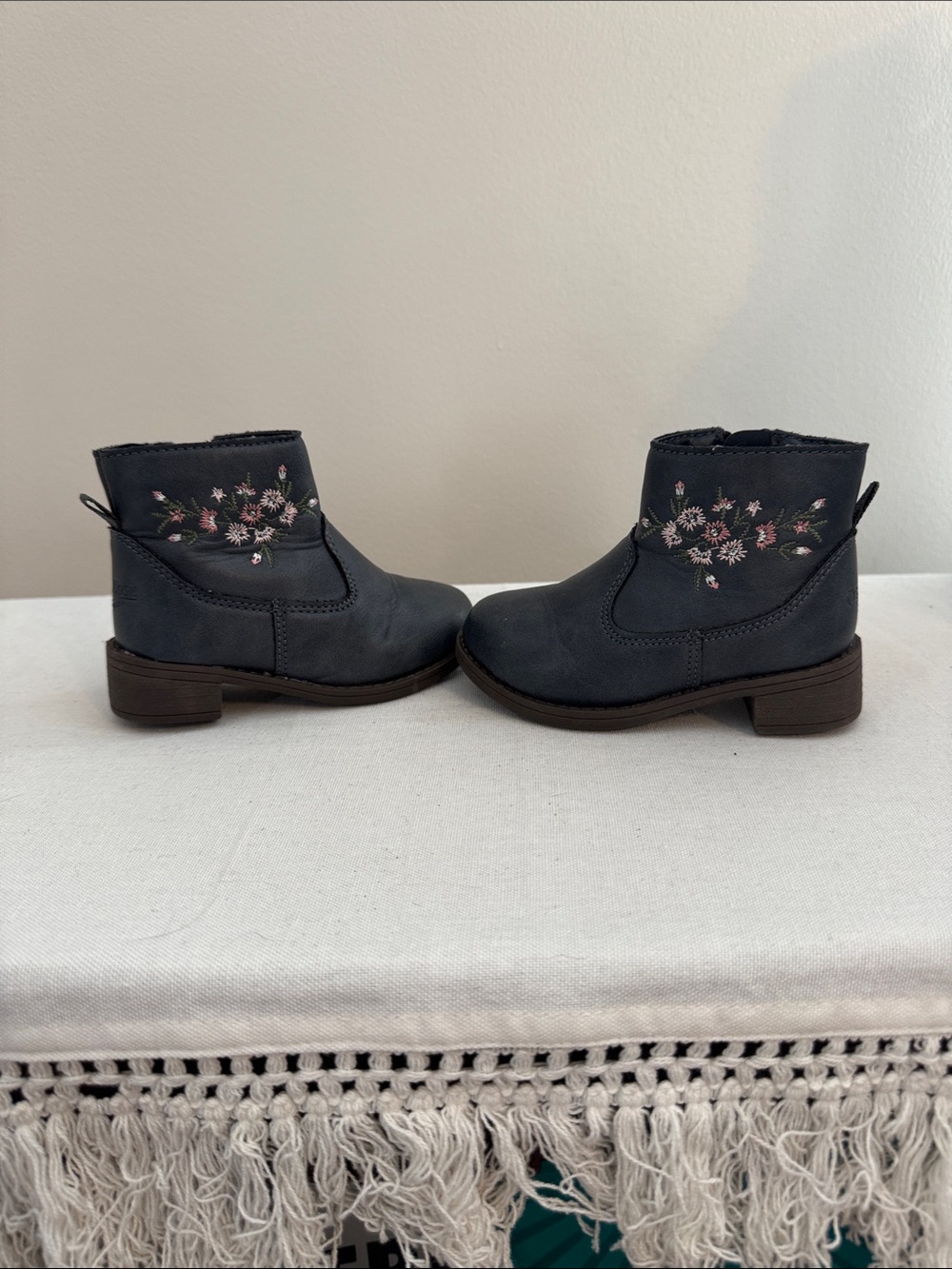 Toddler OshKosh B'gosh Gray Ankle Boots with Pink Floral Embroidery
